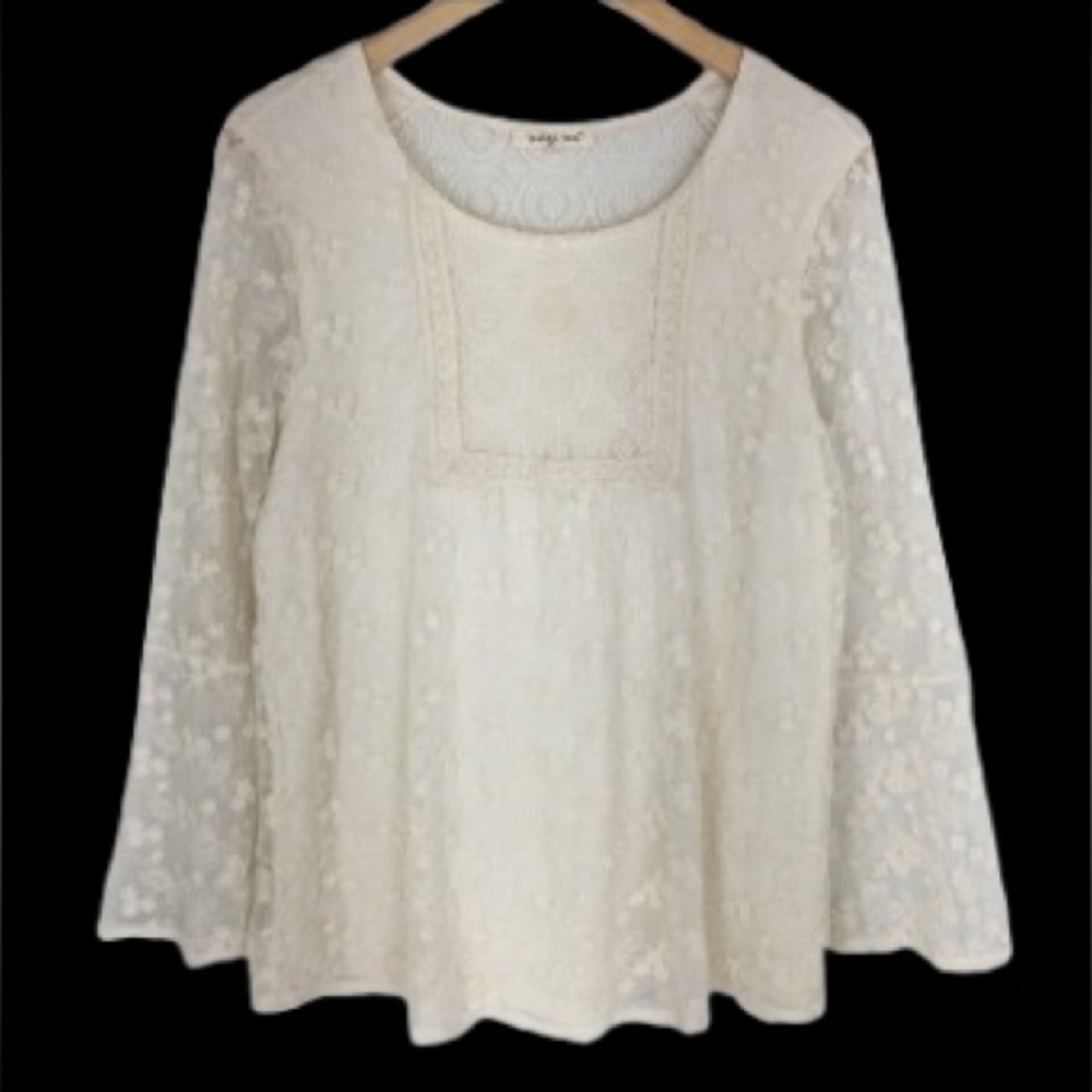 Floral Lace Bell Sleeve Fairy Blouse Ivory Cream Women’s Size L by Indigo Soul